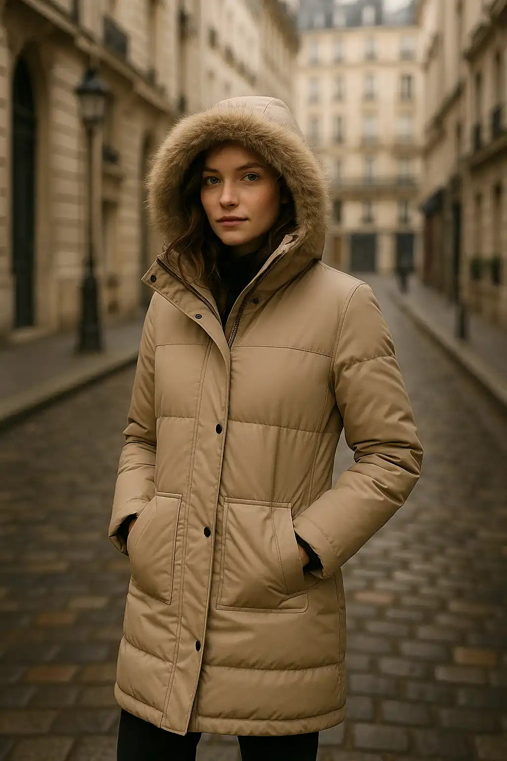 Une femme port une veste en puffer beige à manches longues avec une capuche doublée de fourrure.