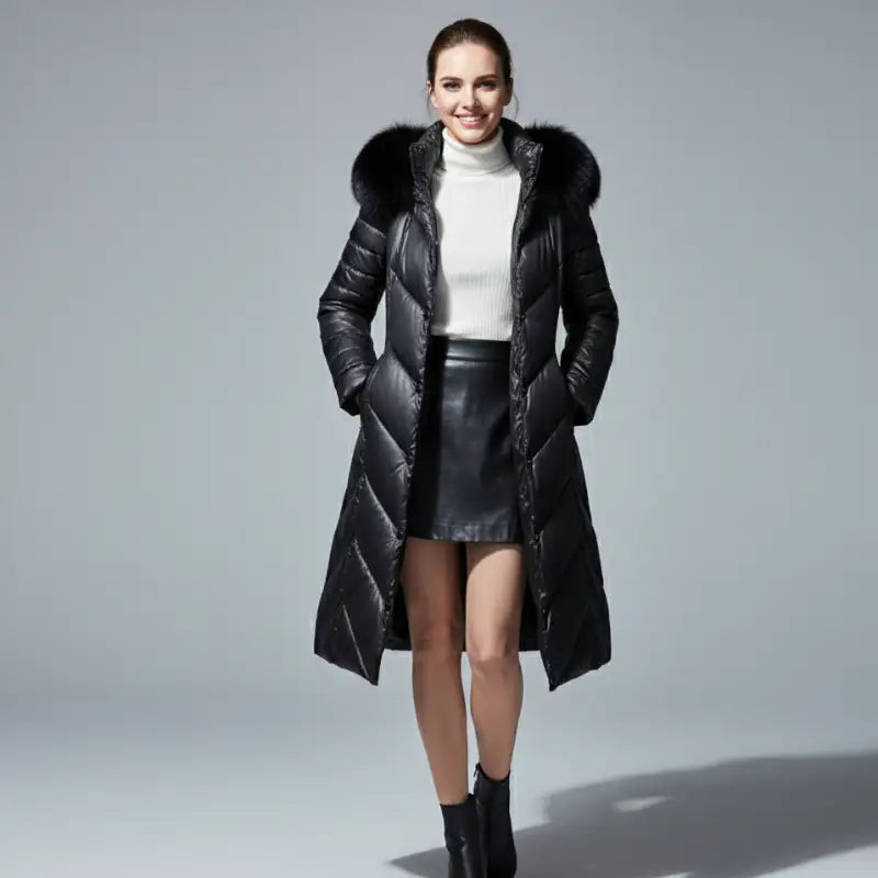 Manteau parka femme long noir avec capuche réglable et coupe féminine
