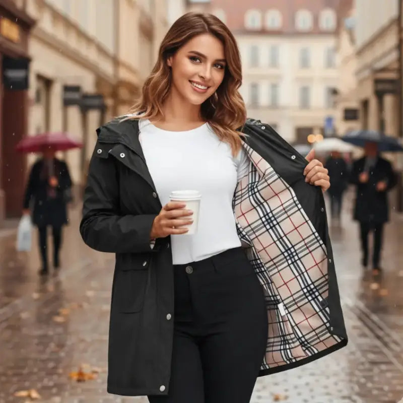Veste imperméable noire pour femme avec doublure à carreaux et capuche protectrice