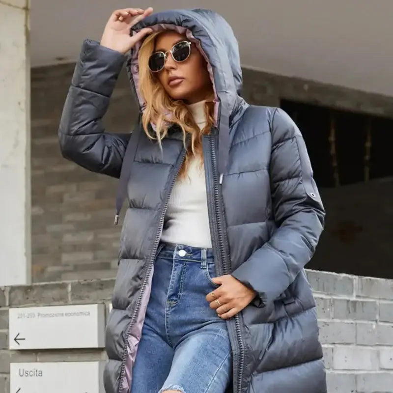Parka à capuche femme en tissu déperlant, longue, gris foncé, avec capuche et fermeture éclair