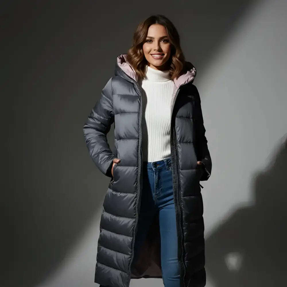 Parka à capuche femme en tissu déperlant avec capuche rose, long et gris