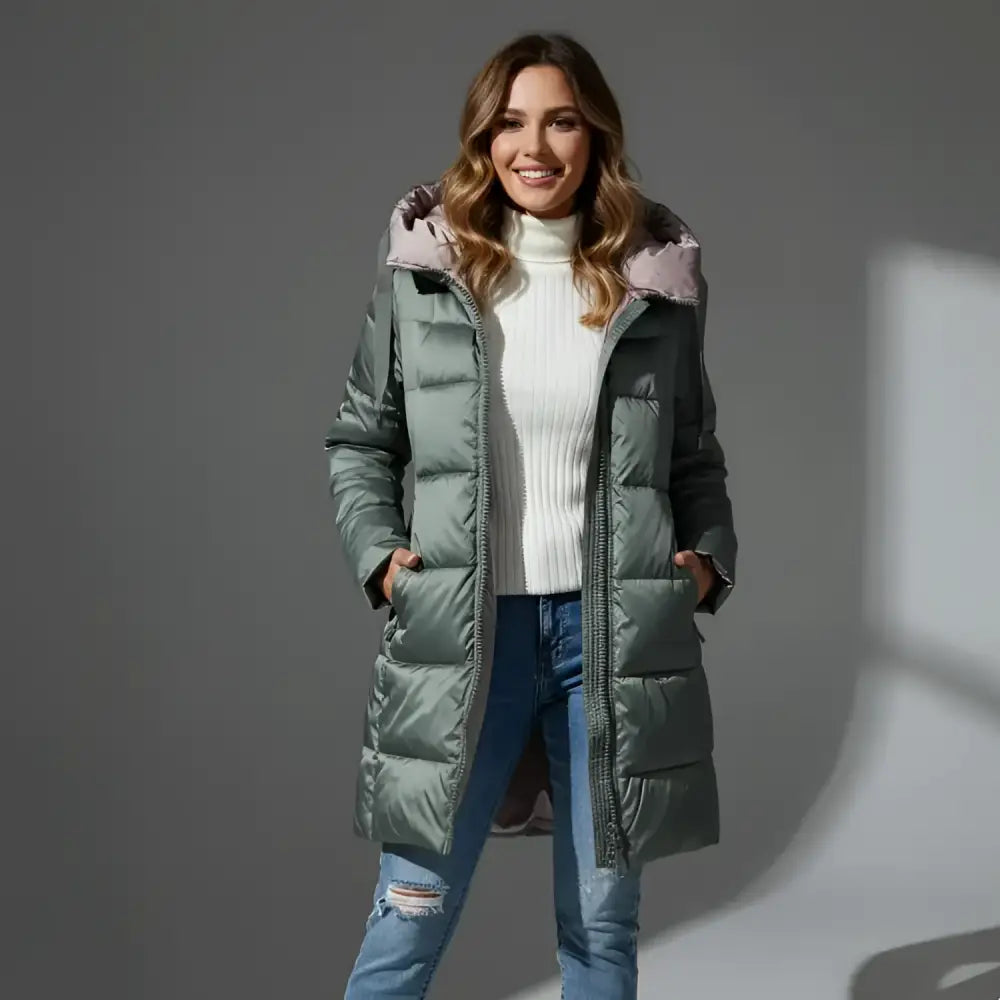 Parka à capuche femme en tissu déperlant, long sage green avec capuche rose pâle