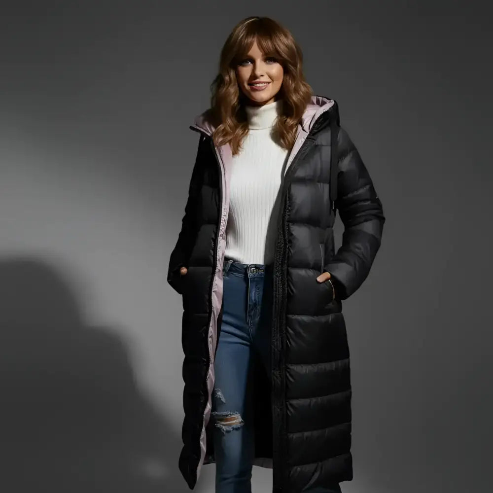 Parka à capuche femme en tissu déperlant, long noir quilté, avec capuche, tenue décontractée