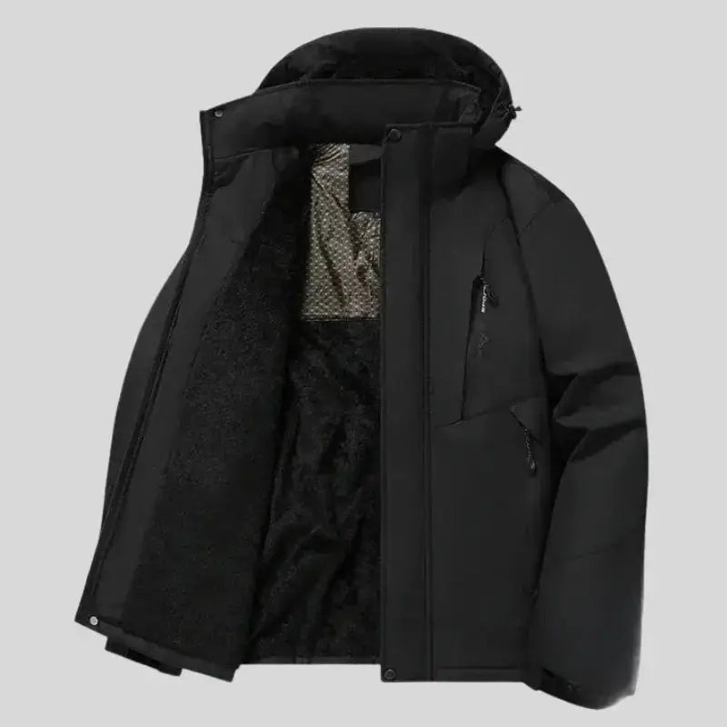 Parka capuche homme noire avec ouverture, lining texturée, poches zippées et capuche bicolore