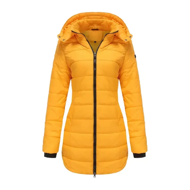 Parka chaude femme imperméable avec capuche, doublure matelassée, jaune, zippée