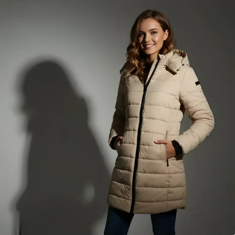 Manteau matelassé beige pour femme imperméable avec capuche et fermeture éclair noire