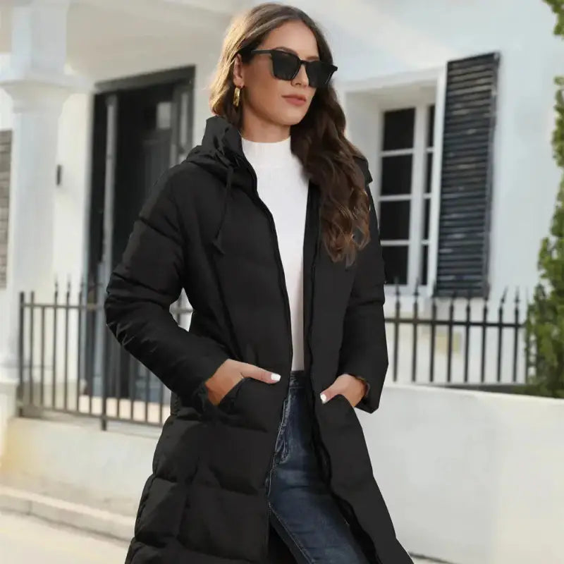 Parka chaude femme imperméable avec isolation thermique, capuche, fermeture éclair et poches latérales