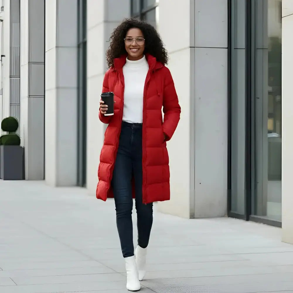Parka chaude femme imperméable avec isolation thermique, longue, rouge, porté avec turtleneck blanc