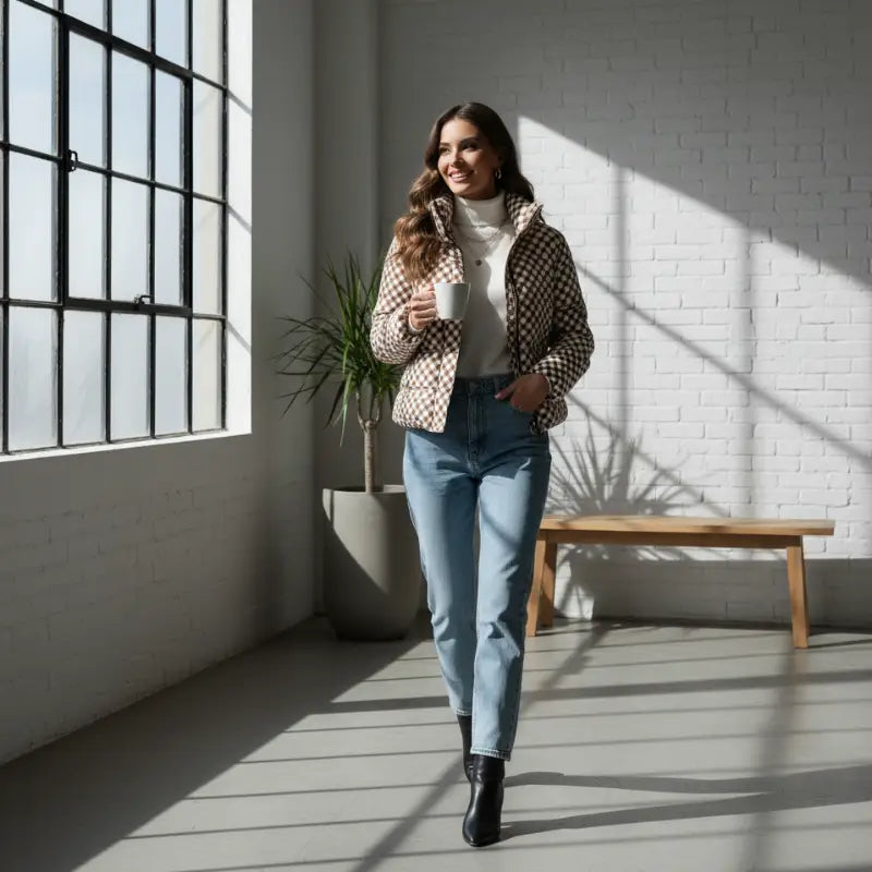 Femme portant un parka chaud femmes à carreaux noirs, turtleneck blanc et bottines