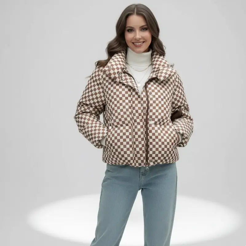 Parka chaudes femmes en carreaux noirs, brun et beige, style puffer chaud