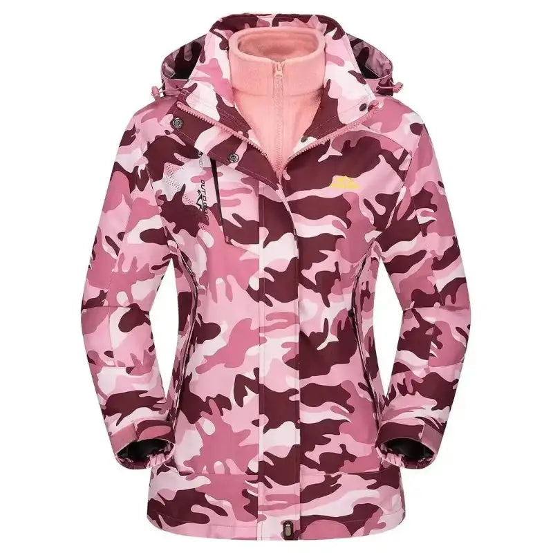 Parka femme à capuche rose camouflage 3-en-1 imperméable avec ajustements fonctionnels
