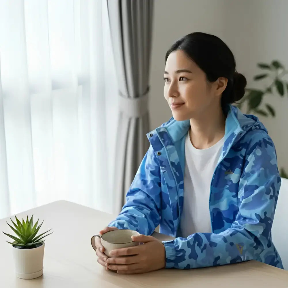 Femme portant un parka femme à capuche bleu camouflage avec ajustements fonctionnels