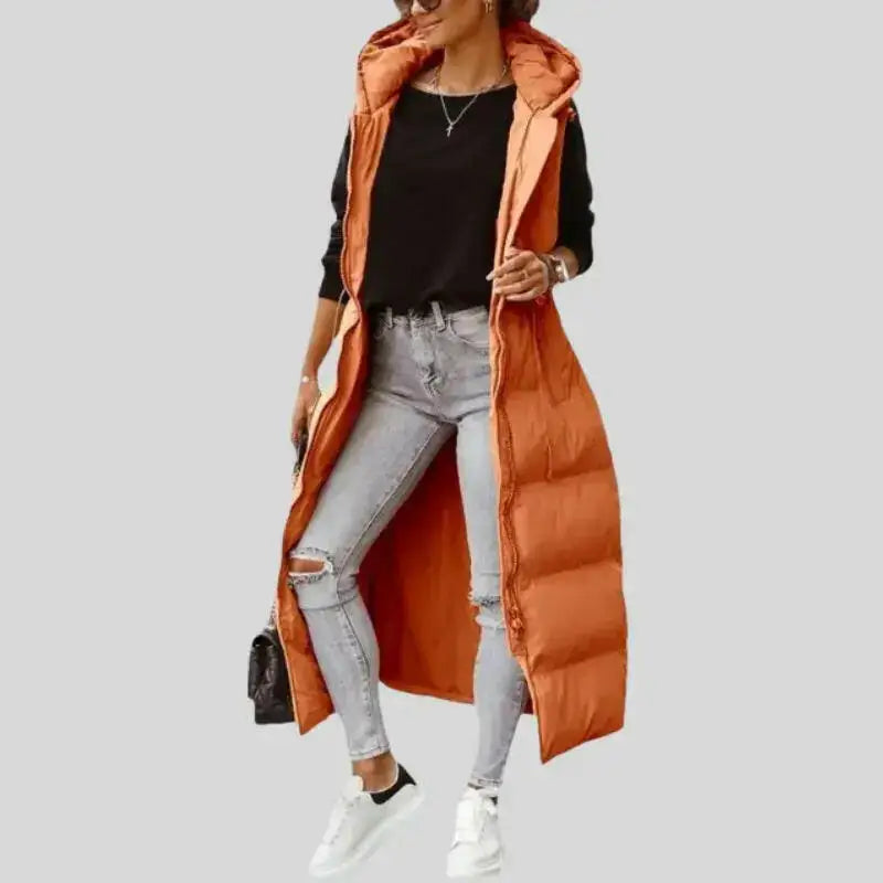 Parka femme chaude imperméable avec long capuchon orange pour trajets quotidiens