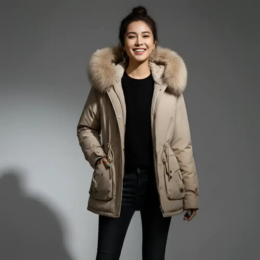 Parka femme imperméable beige avec capuche réglable et coupe féminine élégante