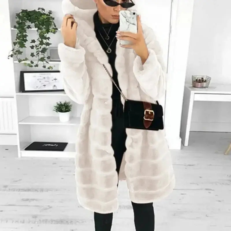 Parka fourrure capuche femme rose pâle avec manteau long en fausse fourrure blanche
