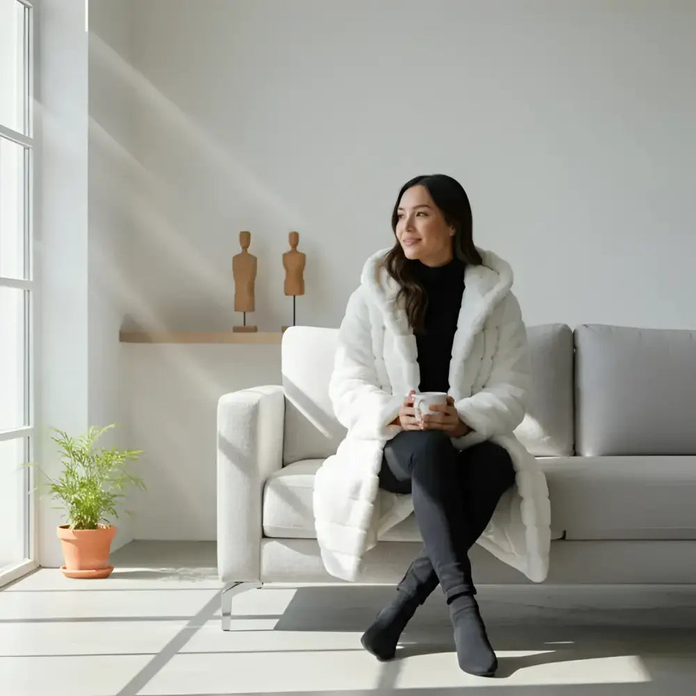 Femme portant un parka fourrure capuche femme rose pâle et pantalon noir