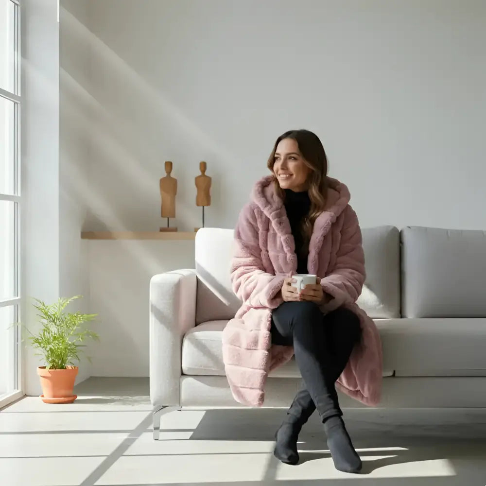 Femme portant un parka fourrure capuche femme rose pâle avec mug, mode hiver élégante