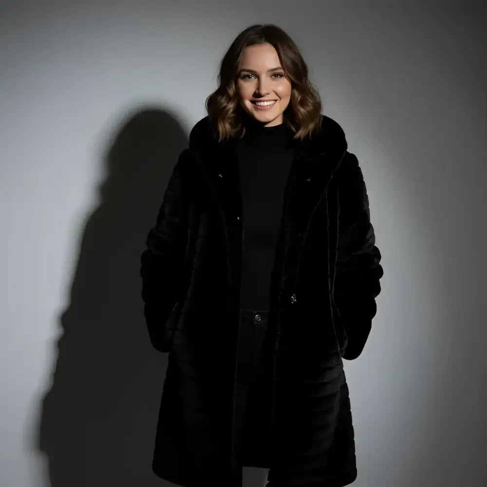 Femme en parka fourrure capuche rose pâle et turtleneck noir, style chaud et chic