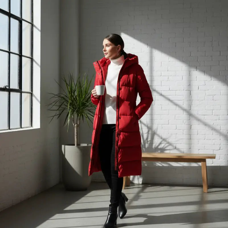 Parka grand taille femme en duvet rouge avec capuche, isolation légère, silhouettes adaptées