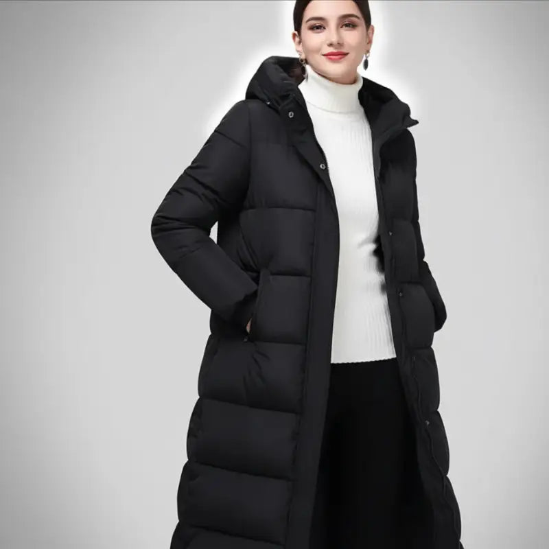 Parka grande taille femme en isolation légère, longue, avec capuche et turtleneck blanc