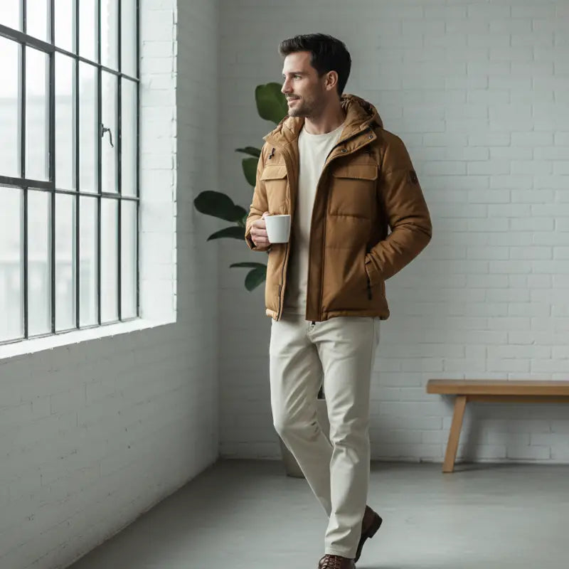 Homme portant un parka homme avec doublure intérieure et capuche réglable, tenant une tasse blanche