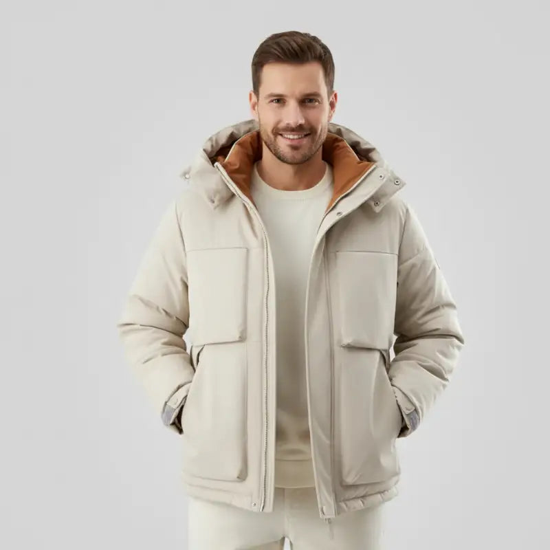 Parka homme beige avec doublure intérieure et capuche réglable pour homme