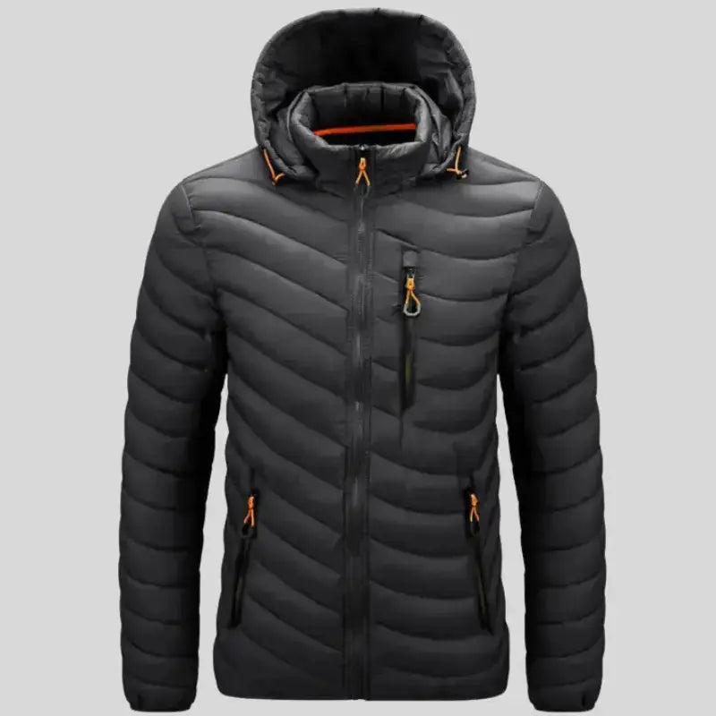 Parka homme capuche noir avec poches zippées et coupe fonctionnelle, détails orange