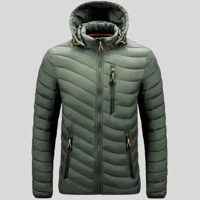Veste homme à capuche puffer verte avec poches zippées et coupe fonctionnelle