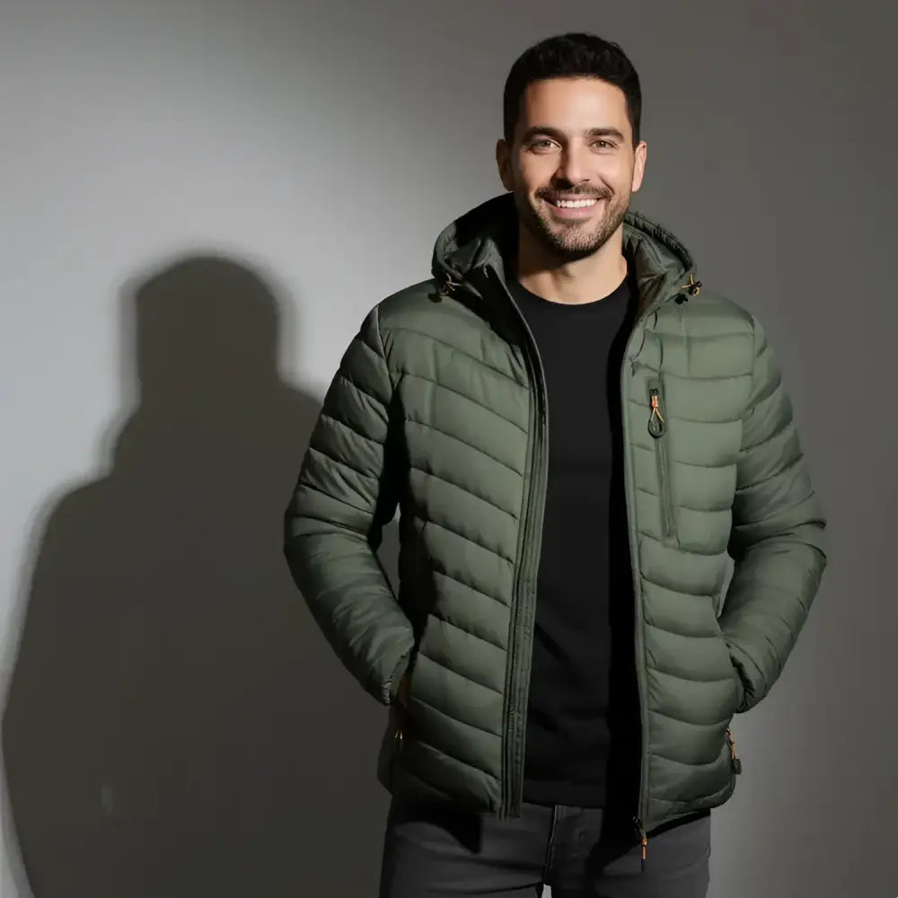 Parka homme capuche olive avec poches zippées, coupe fonctionnelle et style décontracté