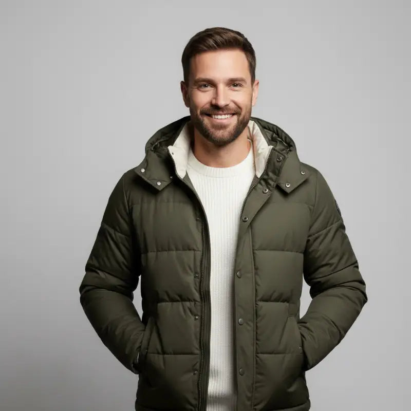 Homme souriant en parka homme olive avec doublure intérieure et capuche réglable