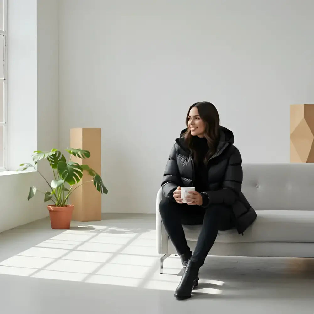 Femme en parka longue femme imperméable avec capuche tenant une tasse pour une couverture optimale