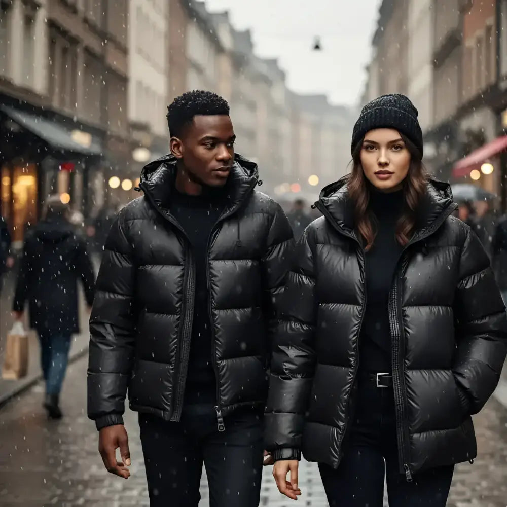 Parka longue femme imperméable avec capuche portée par un homme et une femme en rue