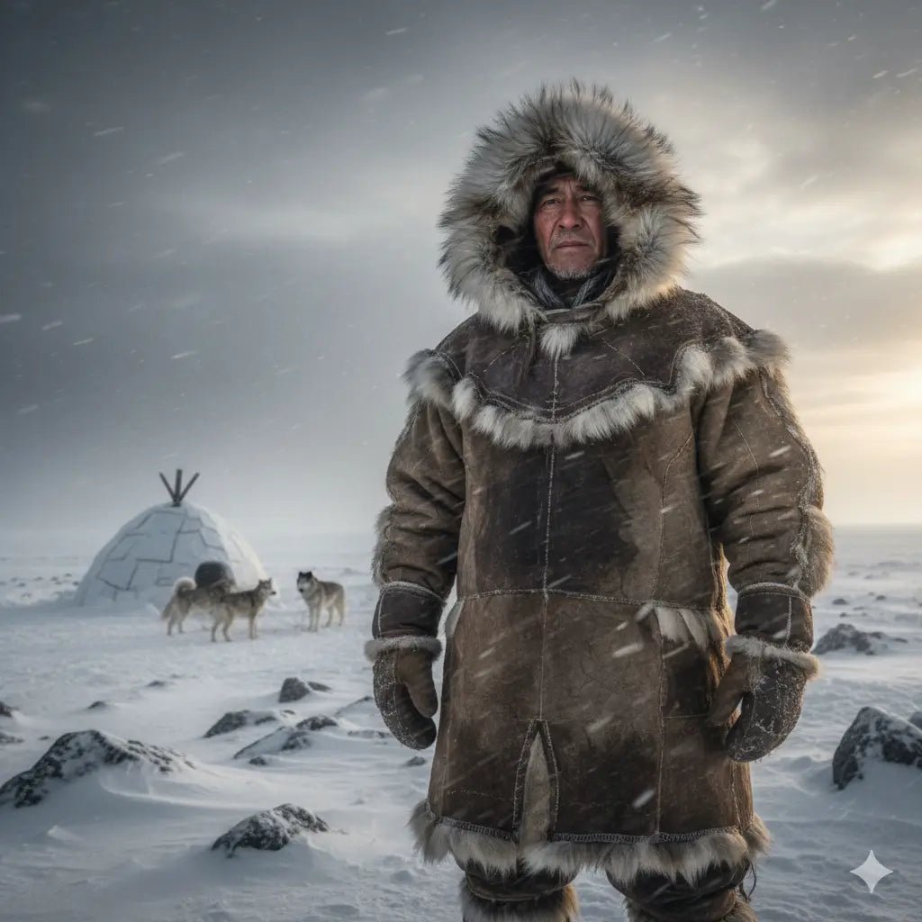 Homme en parka face à un igloo, symbole de l'origine de la définition parka dans un environnement enneigé.