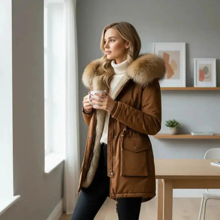 Femme portant une parka femme hiver 2025 avec un col en fourrure, tenant une tasse dans un intérieur moderne.