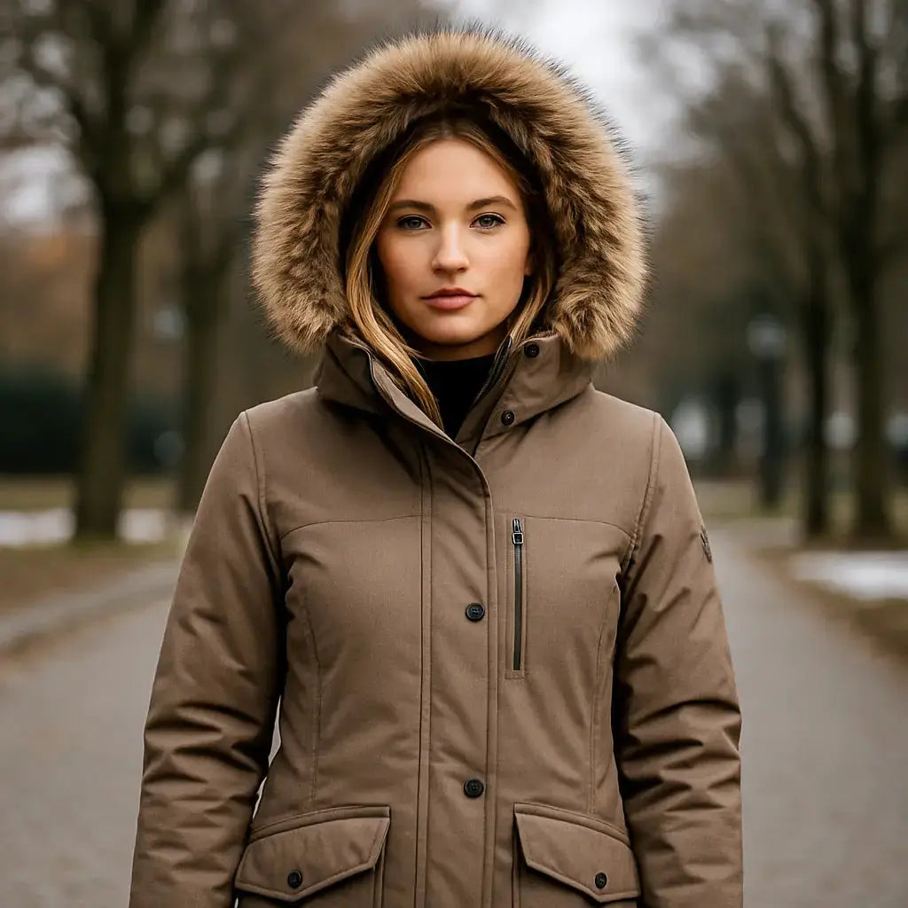 Femme portant une parka adaptée à sa morphologie avec capuche, idéale pour choisir la bonne coupe. Image