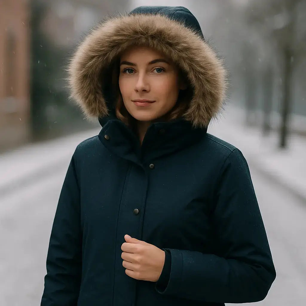 Femme portant une parka hiver chaude avec capuche, idéale pour affronter l’hiver en France. Image