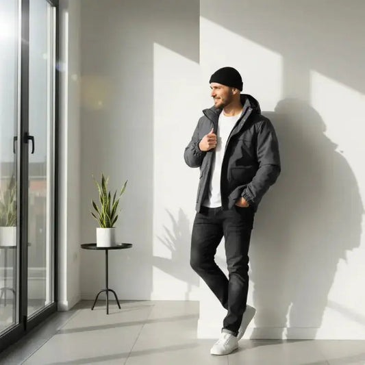 Homme portant une parka élégante dans un intérieur moderne, image pour l'article parka homme 2025 : guide complet pour trouver la bonne parka.