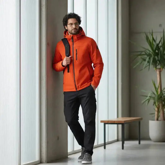 Homme portant un modèle de parka homme hiver orange, prêt à affronter le froid avec style.
