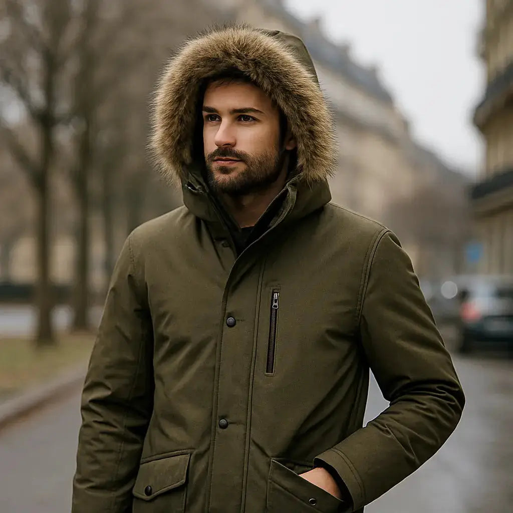 Homme portant une parka avec capuche, utile pour illustrer un guide des tailles parka homme femme enfant. Image