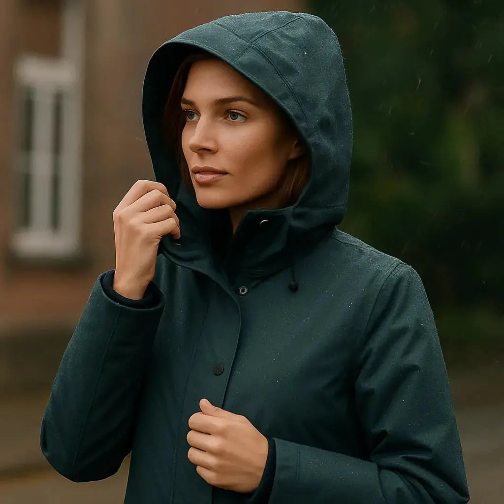 Femme portant une parka imperméable avec capuche sous la pluie, idéale pour choisir une parka de pluie.