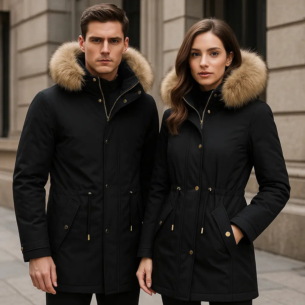 Homme et femme portant des parkas longues noires, pour comparer parka longue ou courte.