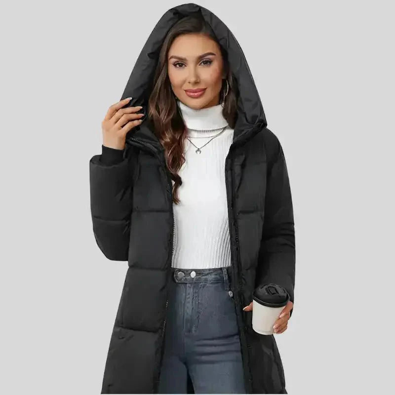Parka noire longue femme, alternative moderne au trench pour la pluie Image