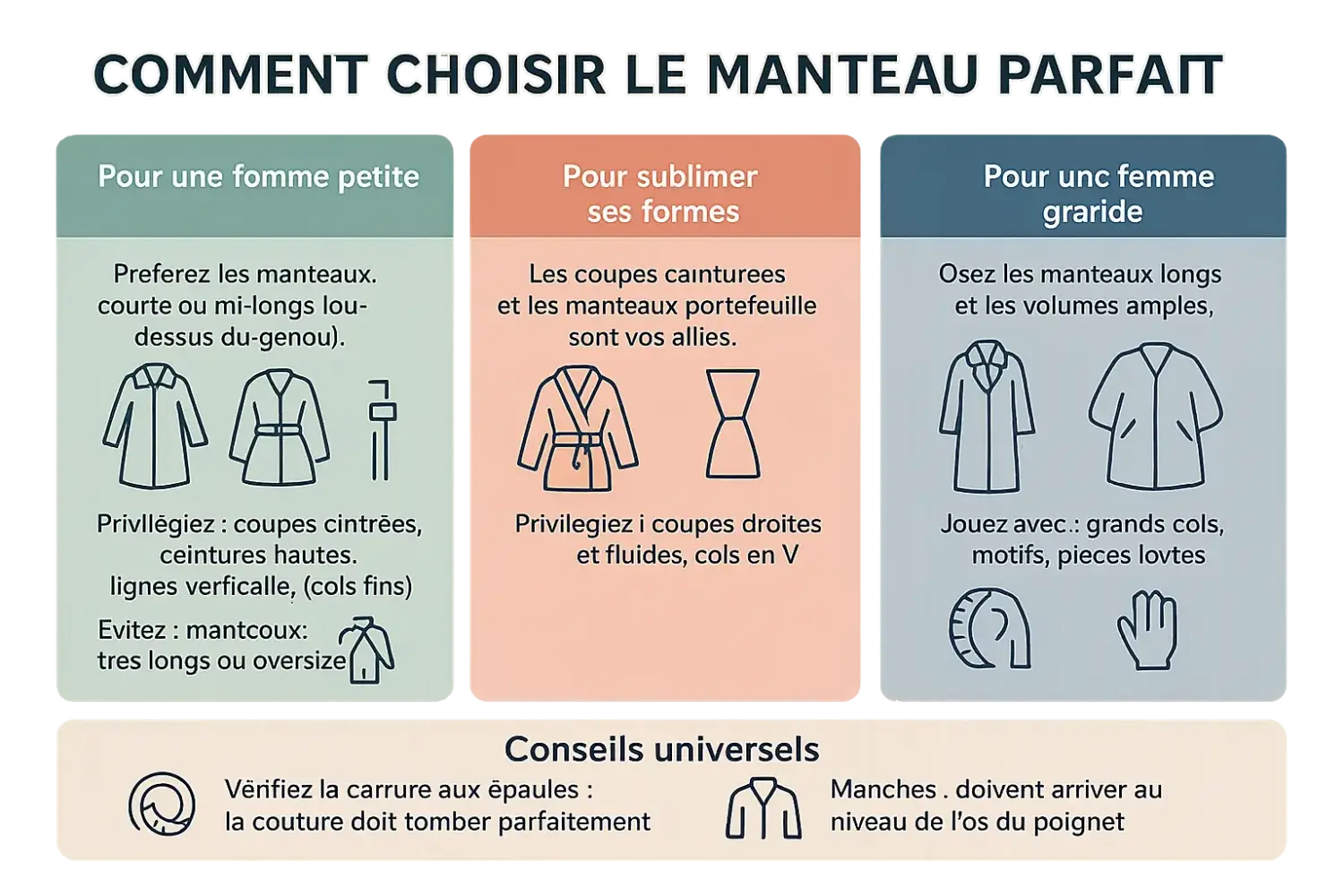 Illustration des différents types de manteaux adaptés aux morphologies féminines