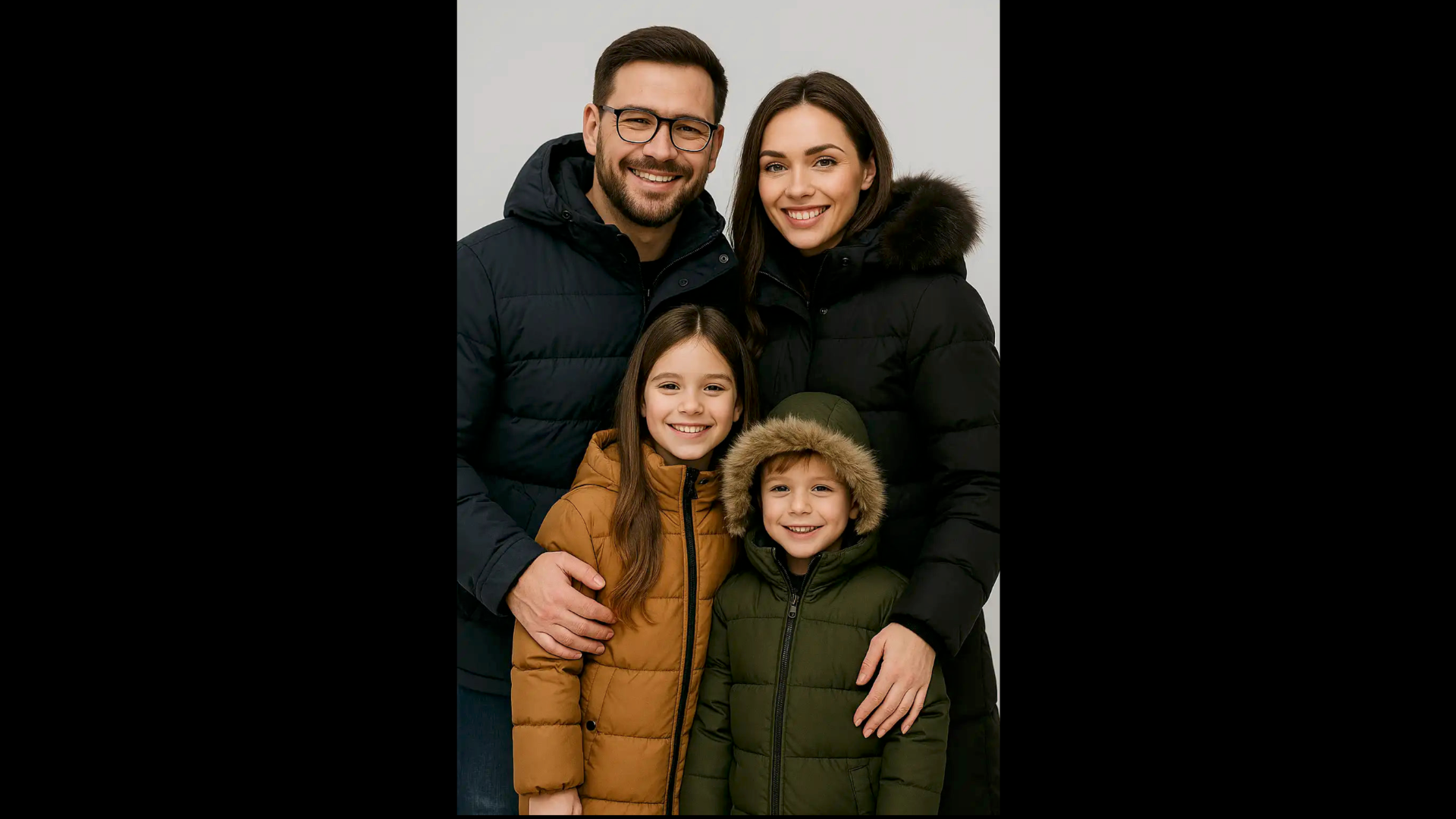 Famille souriante portant des parkas chaudes en pleine saison hivernale.