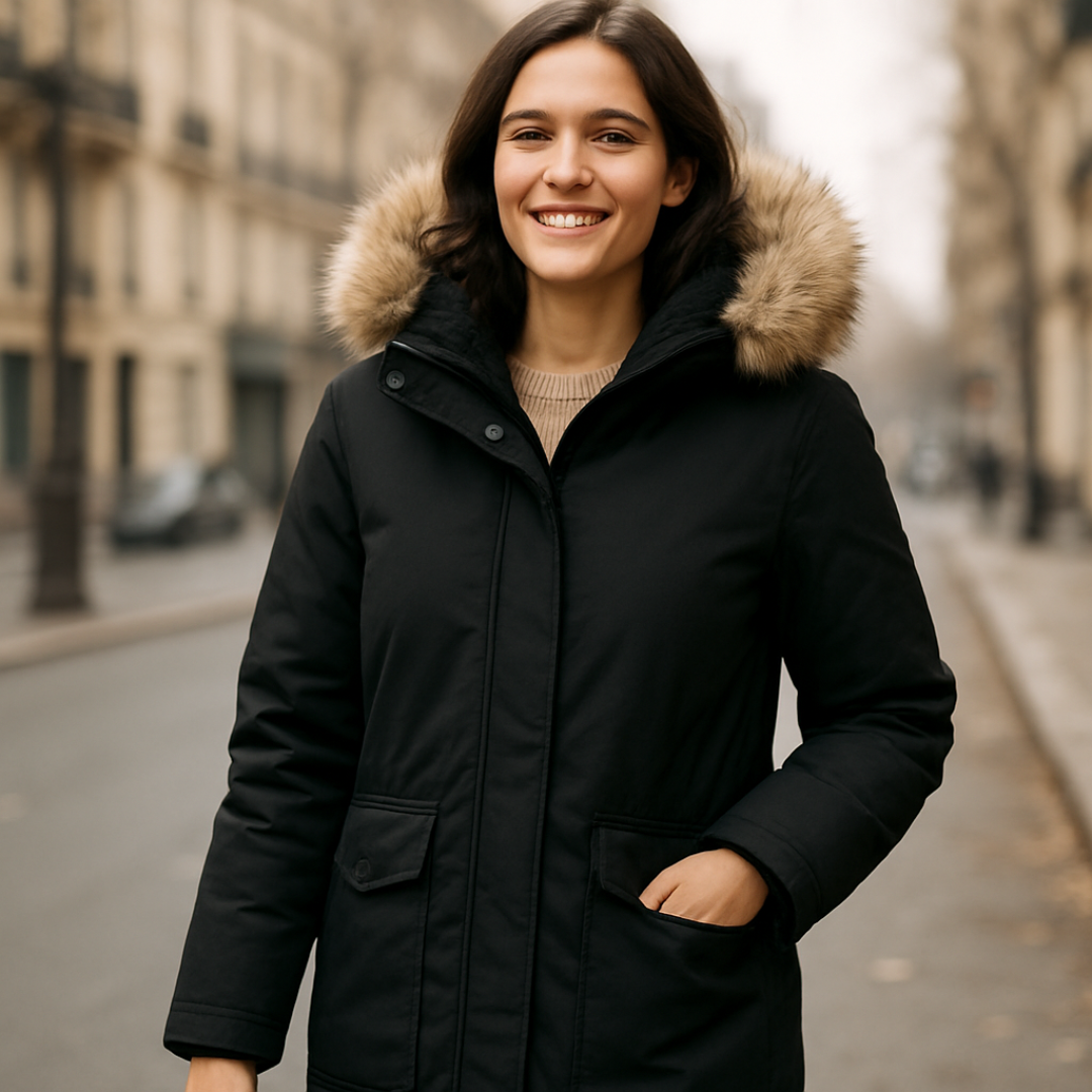 Femme souriante portant une parka noire avec capuche en fourrure, se promenant dans une rue citadine. Image