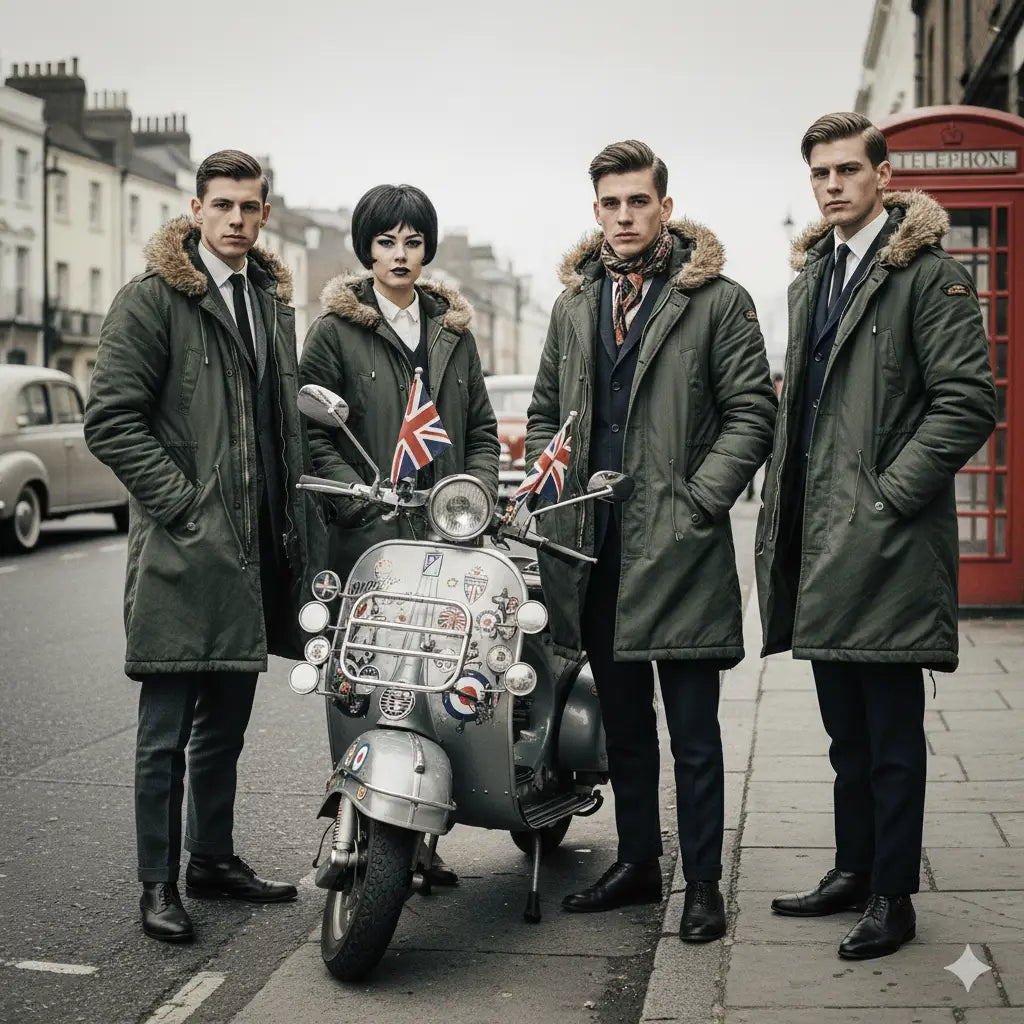Quatre modèles portant des parkas vertes, posant fièrement devant une Vespa dans une rue britannique. Image
