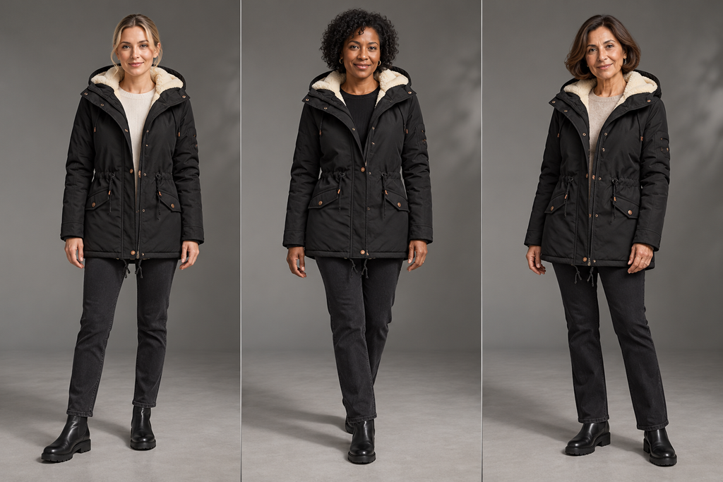 Parka femme noire à capuche avec doublure contrastée – La Boréale – bloc 2, trois personnes différentes portant la parka