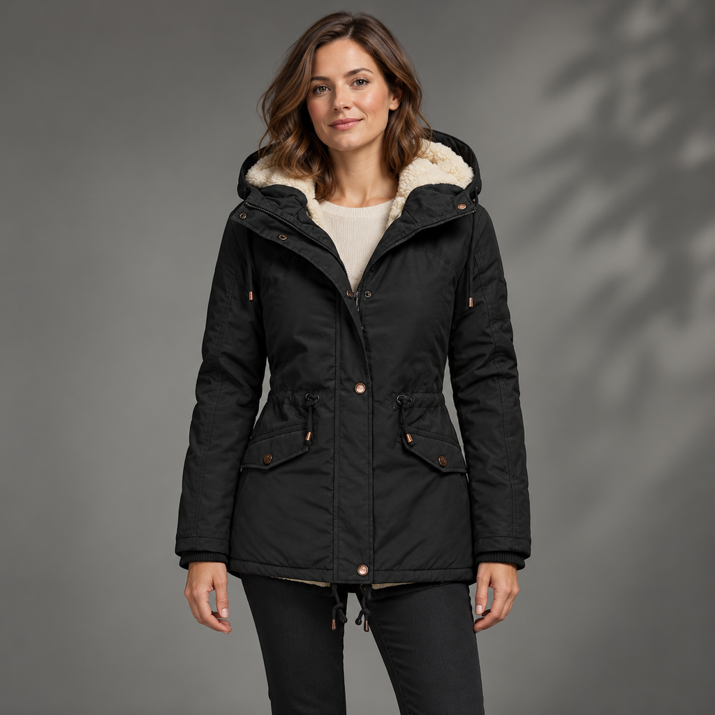 Parka femme noire à capuche avec doublure contrastée – La Boréale – photo principale portée