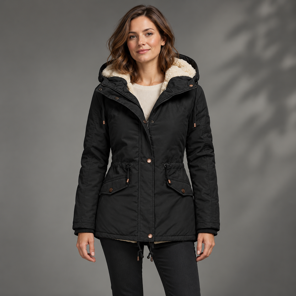 Parka femme noire à capuche avec doublure contrastée – La Boréale – photo principale portée