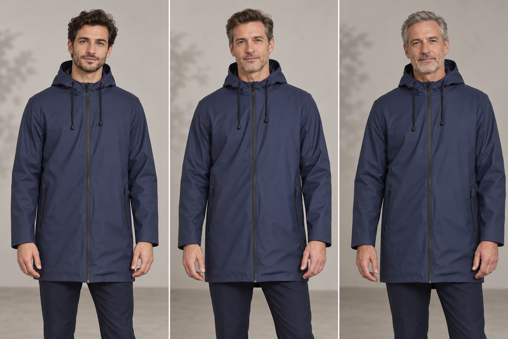Parka cirée professionnelle homme – Le Technicien, bleu marine, présentation portée 1
